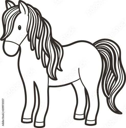 Cute horse illustration with flowing mane and tail, simple black and white pony drawing for children