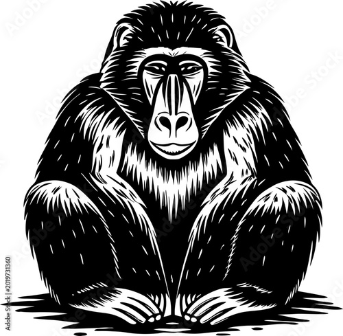 black and white illustration of a sitting baboon with detailed fur and facial features in a bold graphic