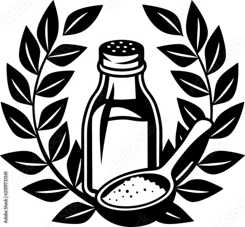 Salt shaker and spoon with salt grains framed by laurel branches, symbolizing seasoning and flavor enhancement