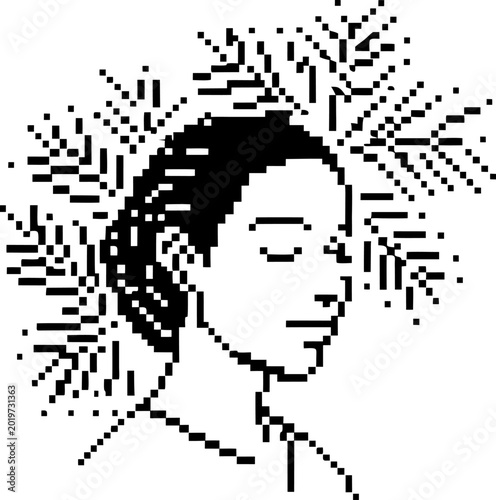 pixel art portrait of calm woman with closed eyes and botanical elements, digital minimalistic black and white design