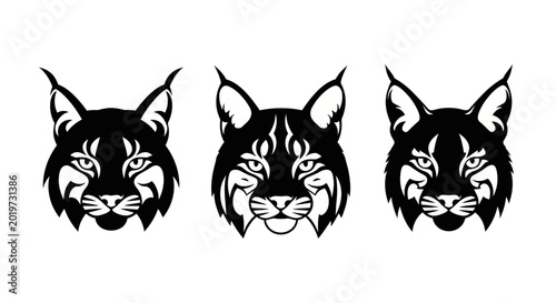 Bild auf Leinwand Three identical black lynx heads on a white background - graphic illustration