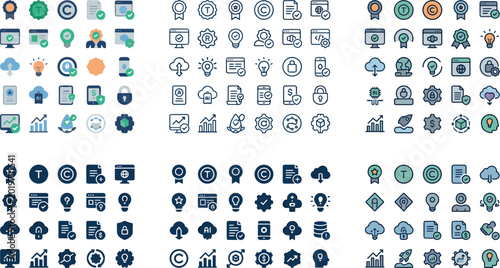 Business Technology and Digital Marketing Icon Set with Finance, Security, Analytics, Cloud Computing, and Startup Symbols