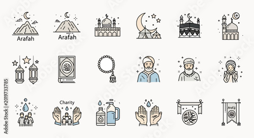 Collection of Islamic icons representing religious symbols and cultural elements, including mosques, holy books, and prayer beads, designed for Ramadan and Hajj