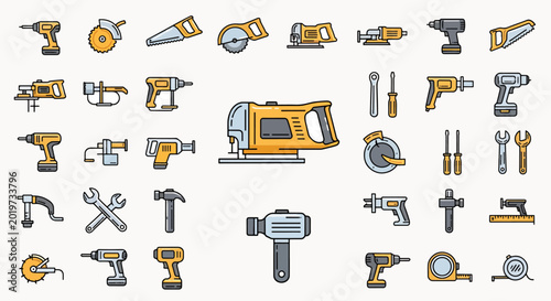 Collection of colorful construction and DIY tool icons for renovation and home improvement projects