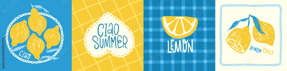Fototapeta premium Amalfi lemons lettering square banners, hand drawn Italian citrus cards set, Ciao Summer lemon slice typography collage for Mediterranean packaging, web headers and summer party invitations. Vector