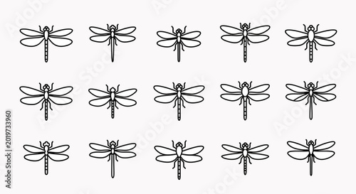 Collection of black line art dragonfly icons set on a white background, a simple and elegant illustration