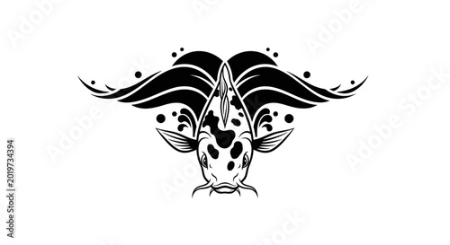 Black and White Koi Fish Emblem with Flowing Water Waves