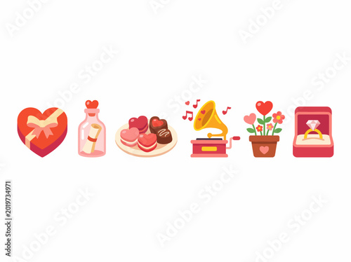 An array of romantic symbols showcasing love and affection, including heart-shaped gifts, chocolates, and flowers, perfect for celebrating relationships.