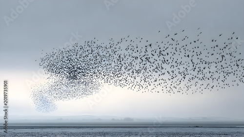 Tableau sur toile Thousands of starlings perform a mesmerizing murmuration a breathtaking aerial b