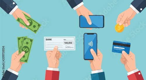Tableau sur toile Multiple hands exchanging various forms of payment including cash, check, credit card, and mobile payments, illustrating diverse financial transactions