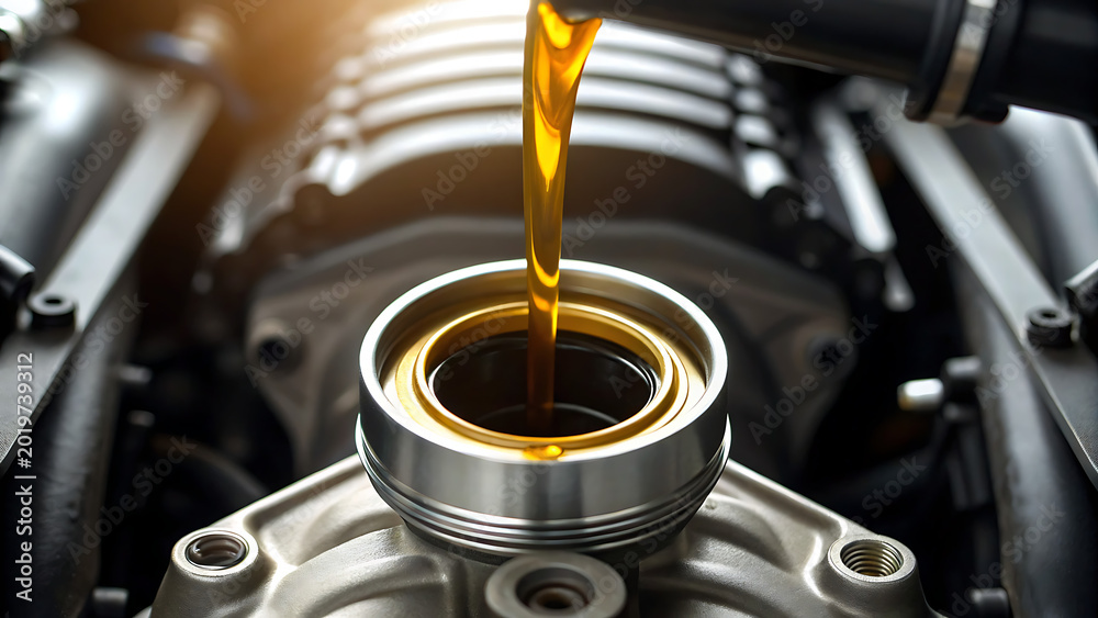 Fototapeta premium Engine piston receiving oil during mechanical assembly in workshop