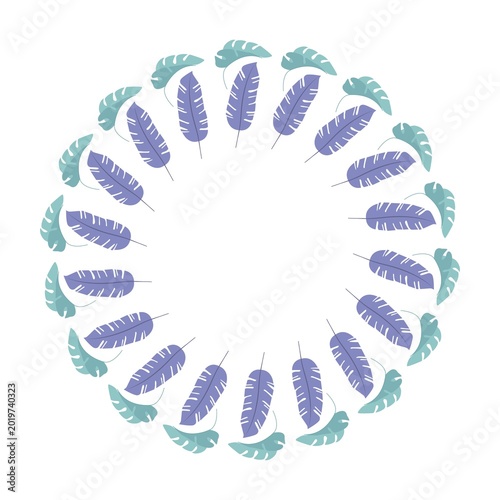 Circular wreath of stylized leaves in alternating teal and lavender colors, symmetrical decorative design with empty center, harmonious pattern for creative or ornamental use