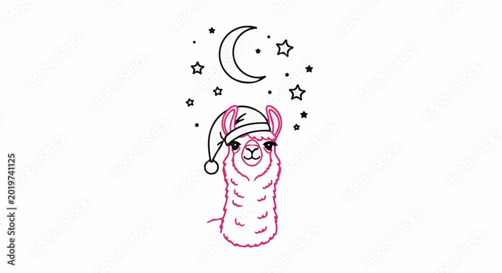 Naklejka premium Cute llama wearing a nightcap under a starry moonlit sky