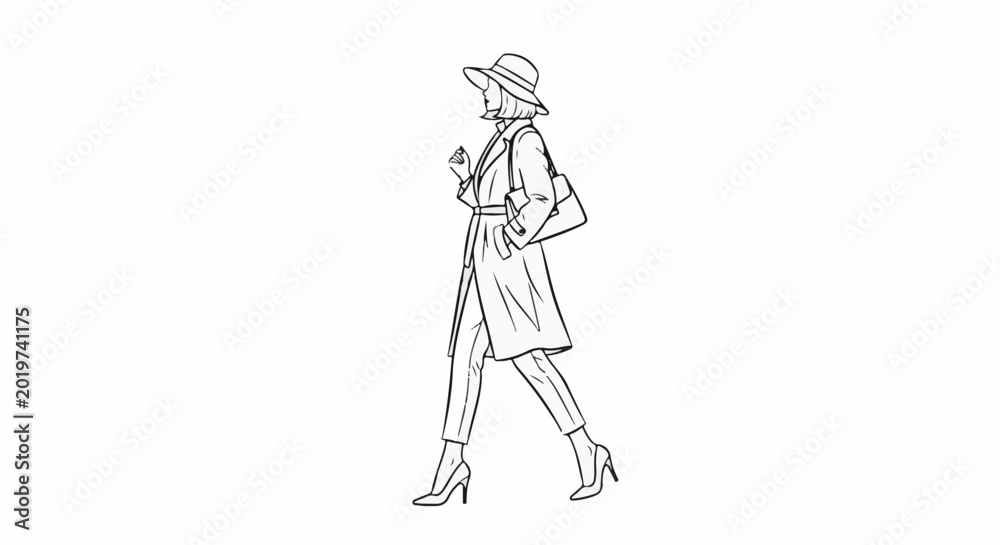 Obraz premium Elegant person in stylish coat, hat, and handbag walks confidently