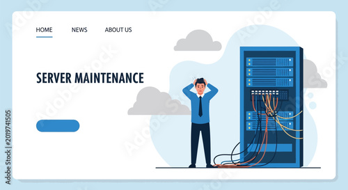 Obraz na płótnie Server maintenance illustration with a stressed man looking at a disconnected server rack, depicting network problems and error message
