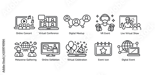 Collection of icons representing various online and digital events and gatherings