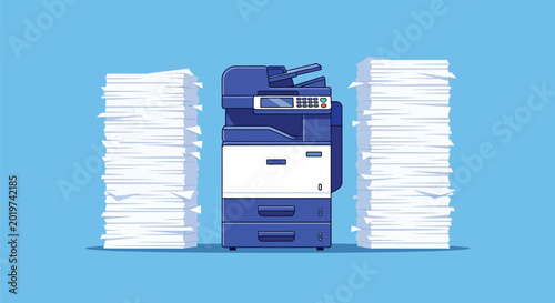 Office printer machine between two large stacks of white paper sheets illustrating document printing and office equipment for paperwork tasks concept.