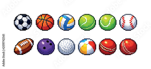 Collection of pixel art sports balls on a white background