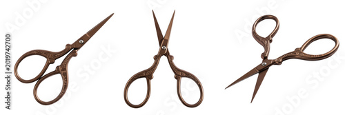 Vintage Small Bronze Scissors Set Collage Isolated on White