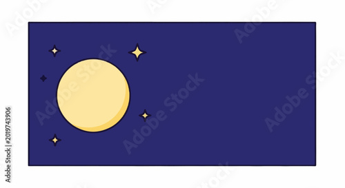 A minimalist depiction of a yellow moon and stars against a deep blue night sky