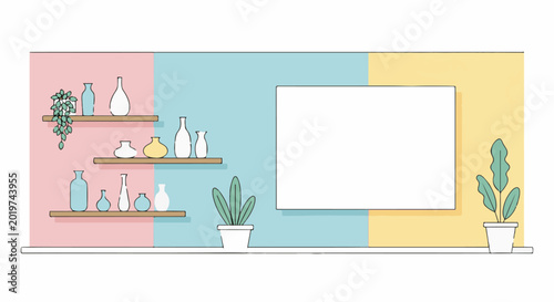 A minimalist display shelf with vases and potted plants on a pastel wall