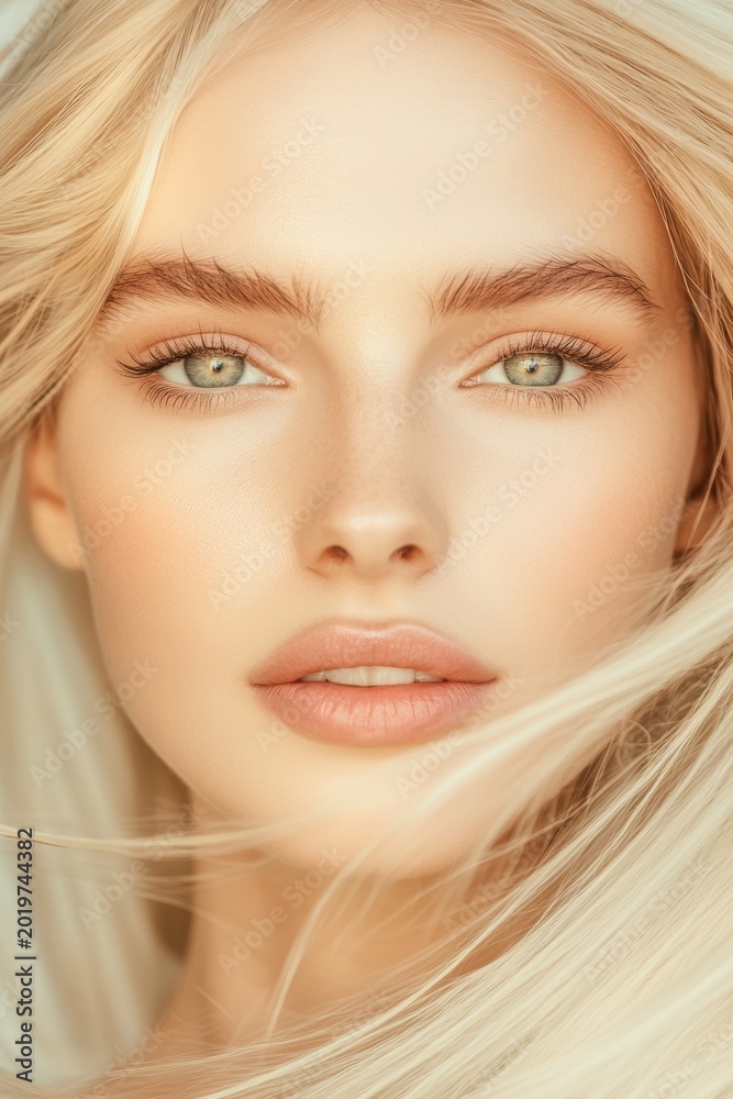 Fototapeta premium Close-up portrait of young woman with blonde hair and green eyes, natural makeup and soft skin texture photo for beauty and skincare concept.