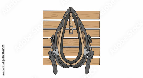 A leather horse collar rests on a wooden plank wall