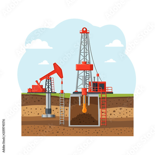 Industrial Oil Rig and Pump Jack Extracting Petroleum Subsurface