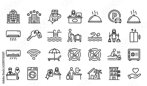Hotel Outline Icons Set with Booking Hospitality and Rental Property Service Symbols
