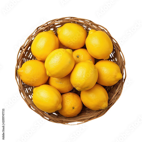 Bright yellow fresh lemons in basket top view provide a refreshing citrus display. Their vibrant color and textured peels make them ideal for culinary and beverage designs.