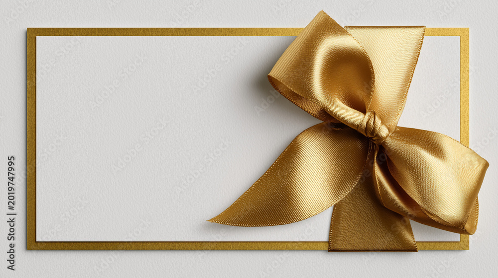 Fototapeta premium Blank white gift card or invitation envelope decorated with an elegant golden satin ribbon bow, isolated on transparent background. 