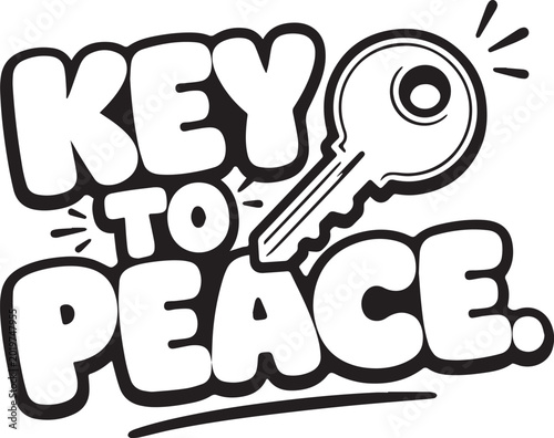 Schilderij op canvas An impactful black and white graphic design that symbolizes a metaphorical 'key' unlocking the door to 'peace', visually communicating concepts of solutions, tranquility, and harmony
