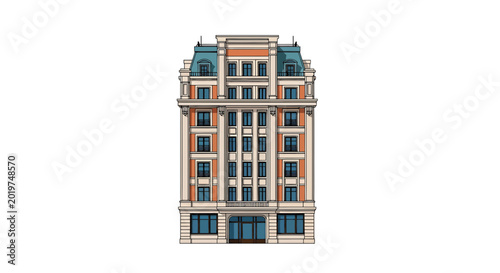 Classic European Style Apartment Building Facade with Mansard Roof