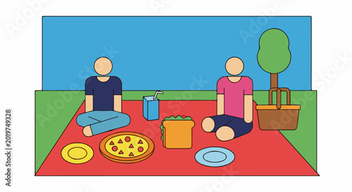 Two people enjoy a picnic with pizza, sandwich, drink and basket