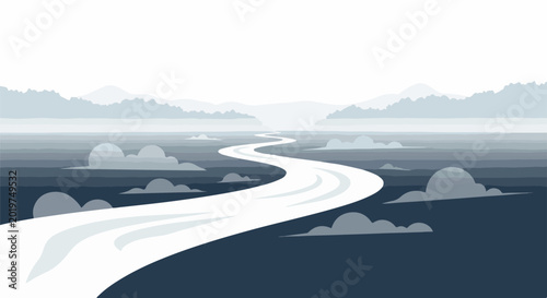 Winding path through misty mountains and clouds