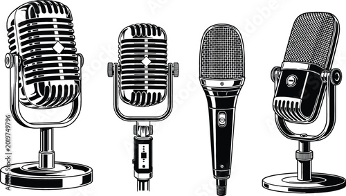 Bild auf Leinwand Professional Vintage Microphone Vector Set Featuring Classic Retro Dynamic and Condenser Mics for Podcasting Radio Broadcasting Music Recording Studio and Live Audio Performance Design Projects