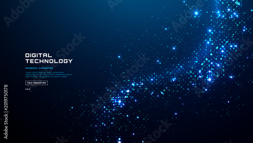 Konstfotografi Futuristic blue tech background with abstract digital texture, glowing dots and pixel grid pattern