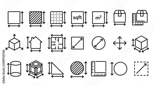 Foto Dimension, area and perimeter measure concept editable stroke outline icons set