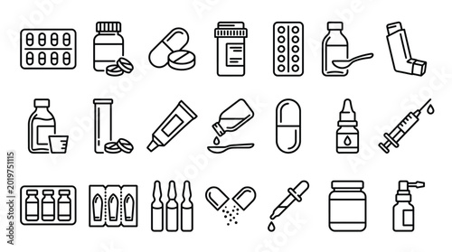 Fotografía Pharmaceutical dosage forms editable stroke outline icon set