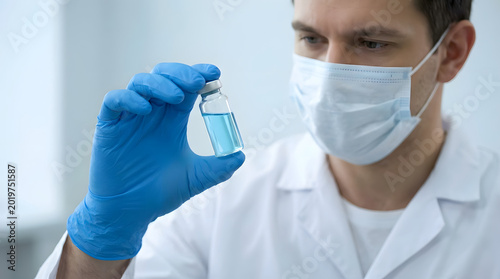 Scientist in mask holding glass vial with blue liquid, isolated on transparent background. Generated with AI