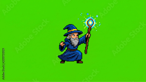 Pixel Art Wizard Character with Magic Staff on Green Screen Background