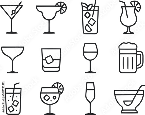 Wine glasses and bottles icon set Vector