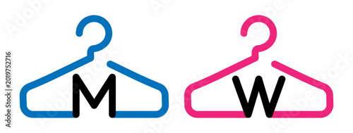 Changing room pictograms with hanger outline icons and M W labels. Wayfinding symbols for wardrobe, cloakroom or fitting area in retail, fitness, spa and public interiors. 