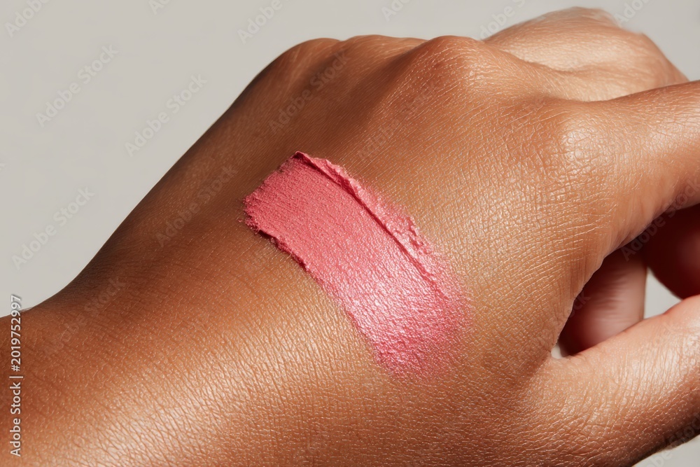 Fototapeta premium Hand Medium Brown Skin Tone Creamy Pink Cosmetic Swatch Satin Metallic Finish Beauty Product Photography