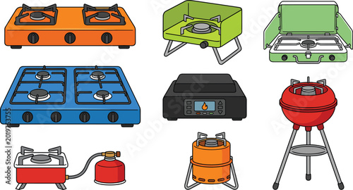Foto Portable camping stove and gas cooker vector set featuring outdoor cooking equip