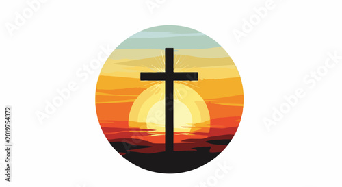 Silhouette cross against a vibrant, stylized sunset within a circle
