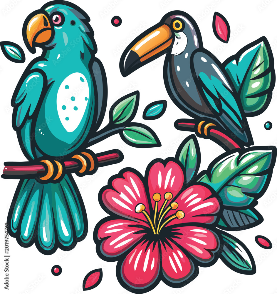 Fototapeta premium Tropical birds and hibiscus flower vibrant vector illustration on white background