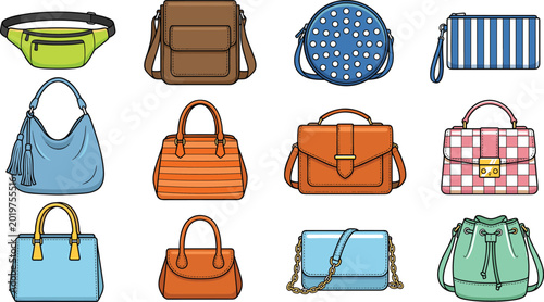 Bilde på lerret Women handbag and fashion purse vector set featuring trendy bags including fanny