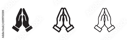 Schilderij op canvas Praying hands icon, symbolizing meditation, devotion, and spiritual practice in three styles: solid, outline, and thin line