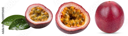 Quadro su tela Whole and halved passion fruits with leaves, isolated on transparent background
